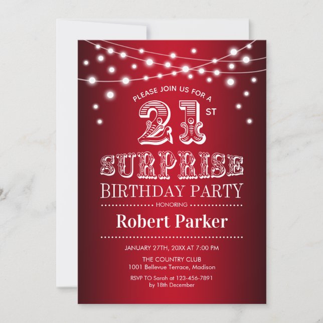21st Surprise Birthday - Black Red White Invitation (Front)