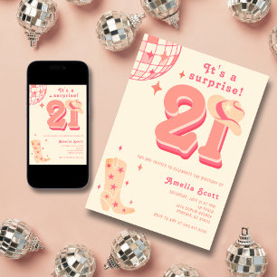 21st Surprise Birthday Retro Disco Cowgirl Pink Invitation