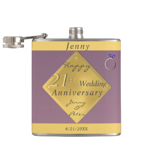 21st Wedding Anniversary Brass & Iolite Hip Flask