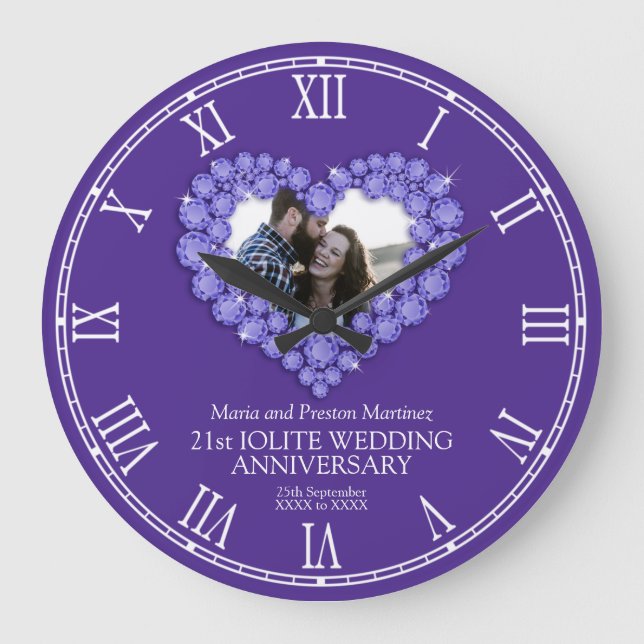 21st wedding anniversary iolite gemstone heart large clock (Front)