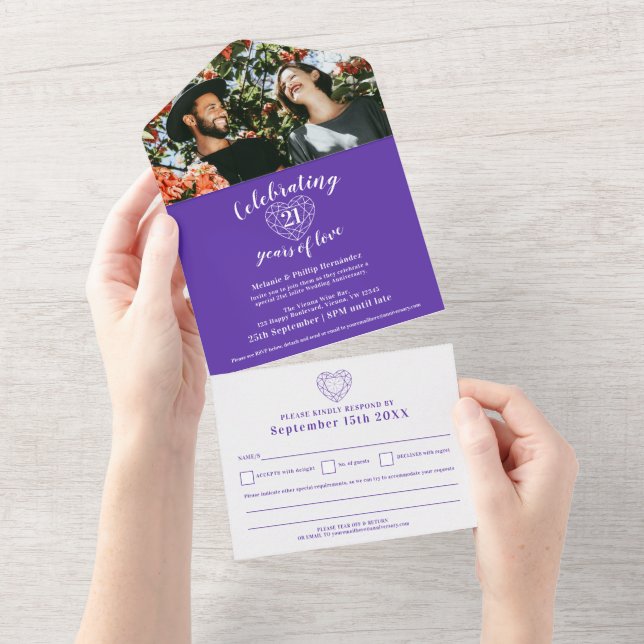 21st wedding anniversary purple iolite RSVP photo All In One Invitation (Tearaway)