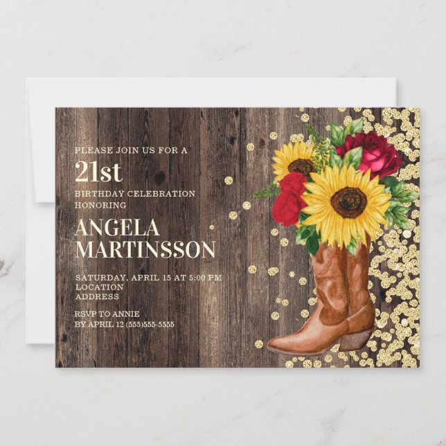 21stBirthday Rustic Wood Boots Sunflower Red Rose  Invitation (Front)