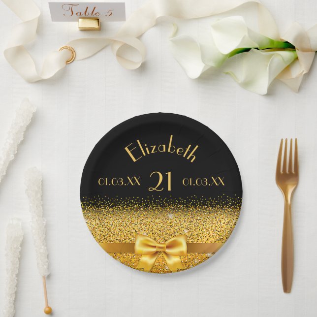 21th birthday black gold elegance name paper plate (Wedding)