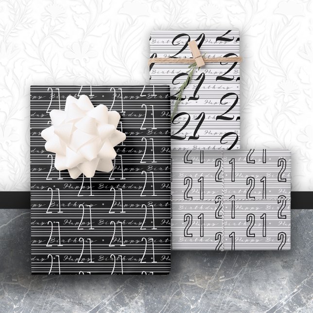 21th Birthday Black White Typography Numbers Wrapping Paper Sheet (Creator Uploaded)