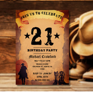 21th birthday cowboy old paper horse riding party invitation