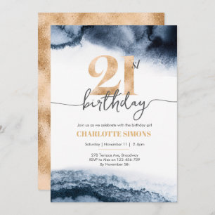 21th birthday invitation Navy watercolor and gold