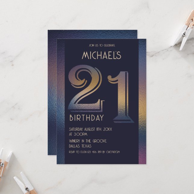 21th modern dark purple and gold birthday invitation (Front/Back In Situ)