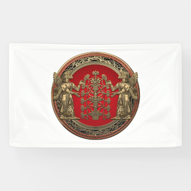 [220] Two Gold Ninurtas with Tree of Life Banner (Horizontal)