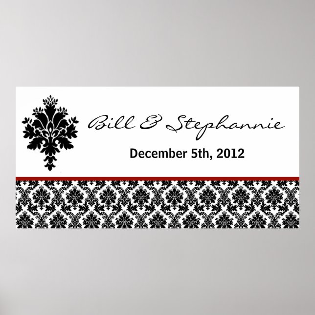 22.5"x7.5" Personalised Banner Black Red Damask Poster (Front)