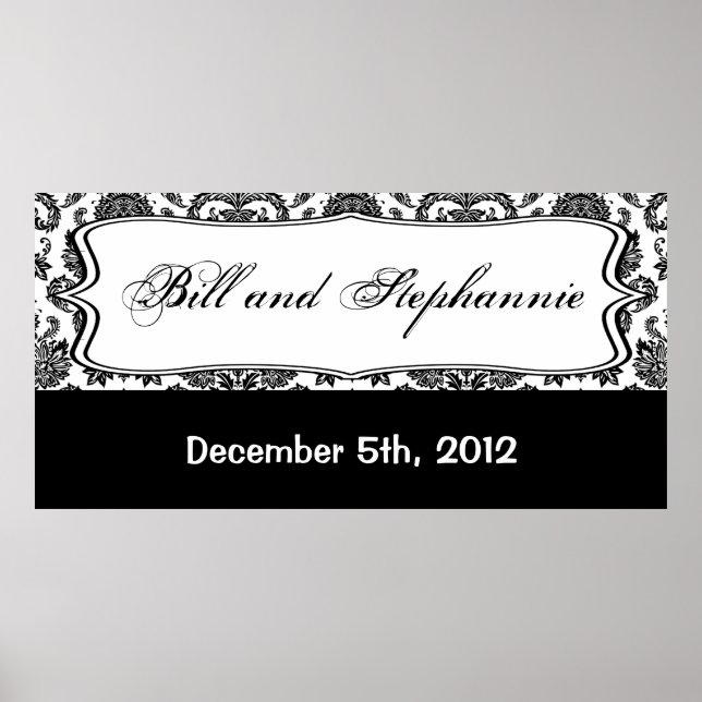 22.5"x7.5" Personalised Banner Black White Damask Poster (Front)