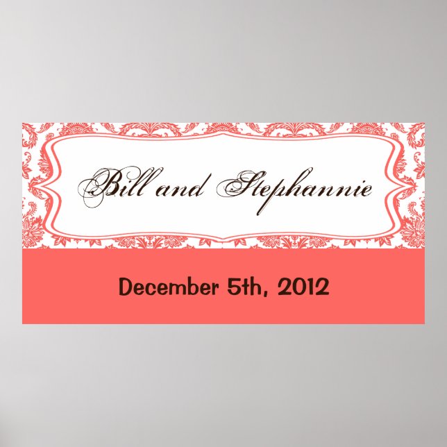 22.5"x7.5" Personalised Banner Coral White Damask Poster (Front)