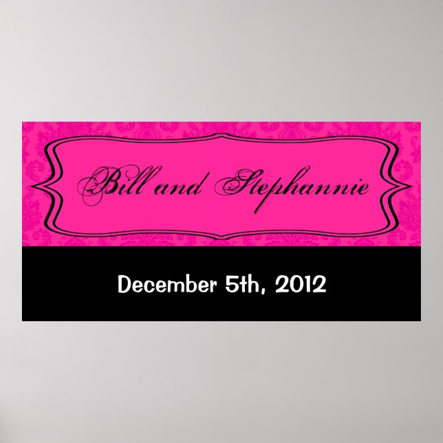 22.5"x7.5" Personalised Banner Hot Pink Bla Damask Poster (Front)
