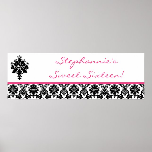 22.5"x7.5" Personalised Banner Hot Pink Damask Poster (Front)