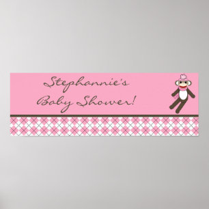 22.5"x7.5" Personalised Banner Pink Sock Monkey Poster