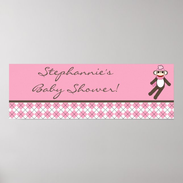 22.5"x7.5" Personalised Banner Pink Sock Monkey Poster (Front)