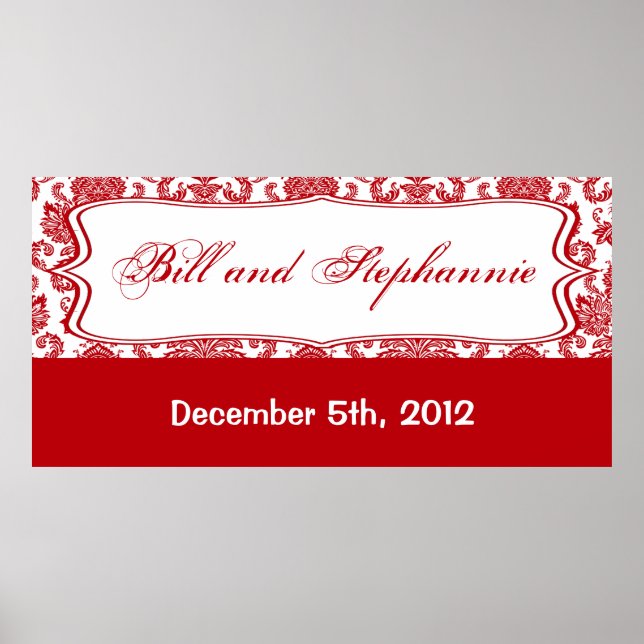 22.5"x7.5" Personalised Banner Red White Damask Poster (Front)