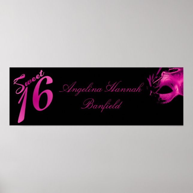 22.5"x7.5" Personalised Banner Sweet 16 Hot Pink Poster (Front)