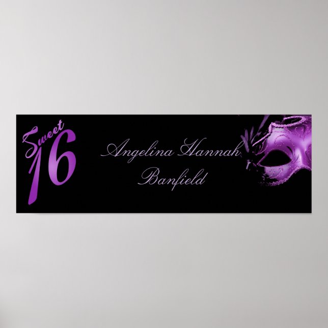 22.5"x7.5" Personalised Banner Sweet 16 Purple Poster (Front)