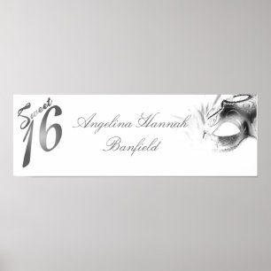 22.5"x7.5" Personalised Banner Sweet 16 si;ver Poster