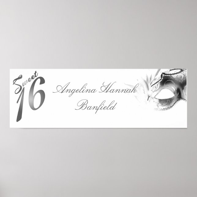 22.5"x7.5" Personalised Banner Sweet 16 si;ver Poster (Front)