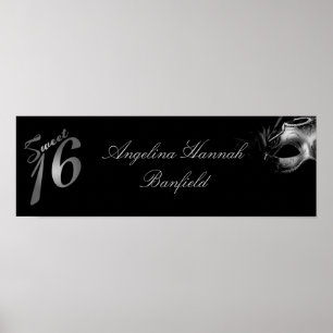 22.5"x7.5" Personalised Banner Sweet 16 Silver Poster