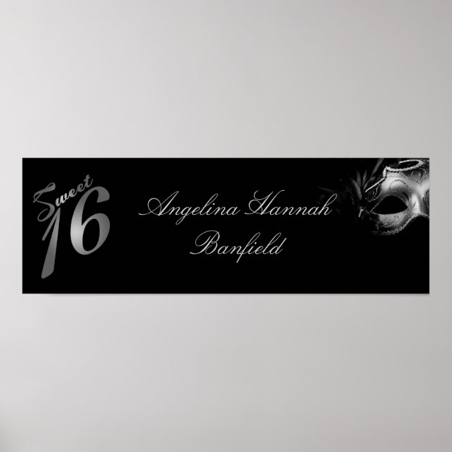 22.5"x7.5" Personalised Banner Sweet 16 Silver Poster (Front)