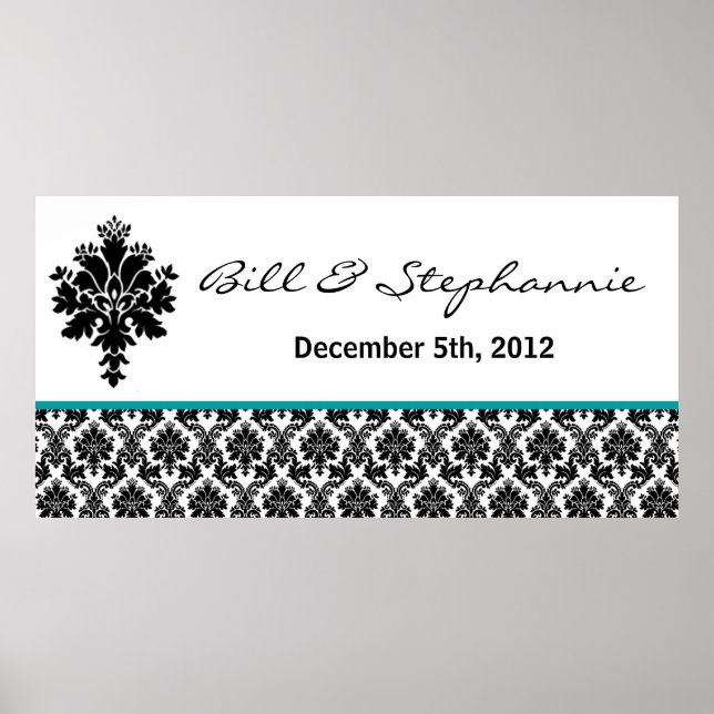 22.5"x7.5" Personalized Banner Black Teal Damask Poster (Front)
