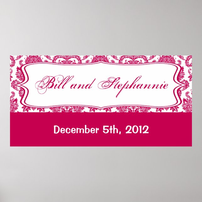 22.5"x7.5" Personalized Banner Fusia White Damask Poster (Front)