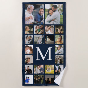 22 Photo Family or Collage With Text Navy Blue  Beach Towel