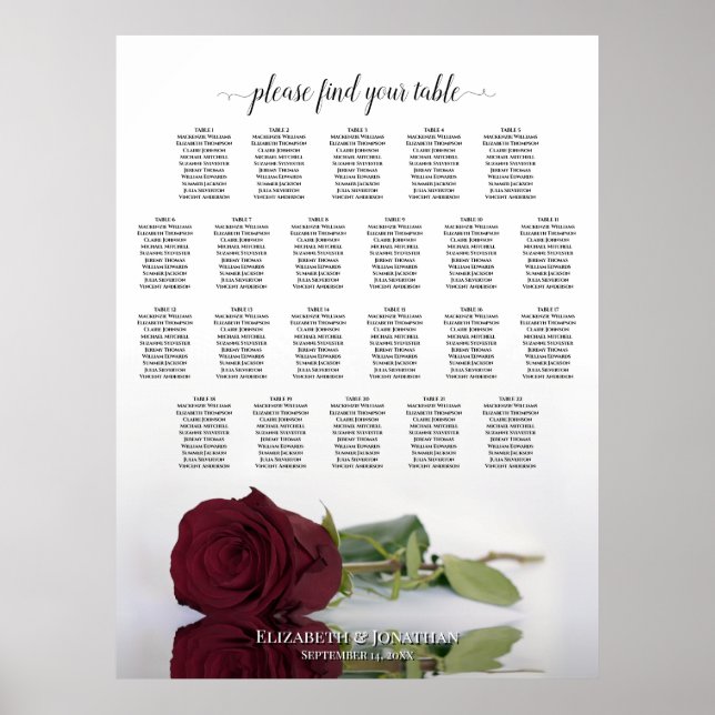 22 Table Burgundy Rose Wedding Seating Chart (Front)