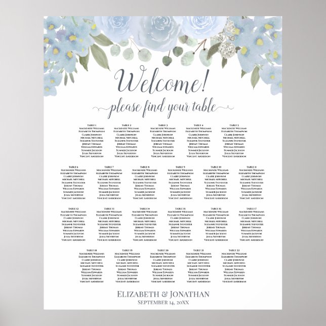 22 Table Dusty Blue Floral Wedding Seating Chart (Front)