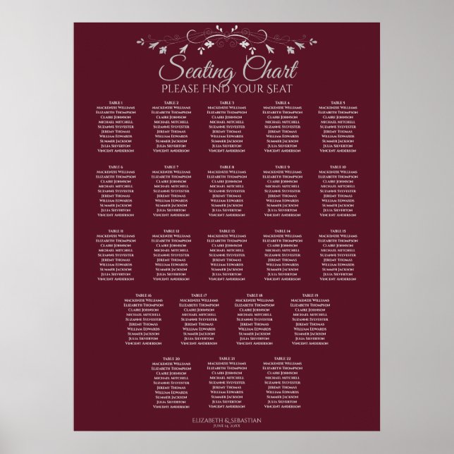22 Table Elegant Burgundy Wedding Seating Chart (Front)