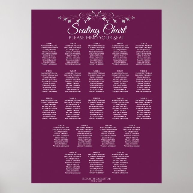 22 Table Elegant Cassis Wedding Seating Chart (Front)