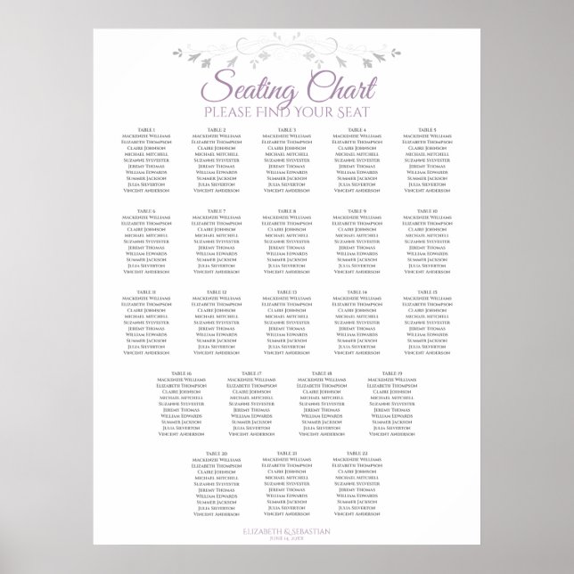 22 Table Elegant Lavender Wedding Seating Chart (Front)