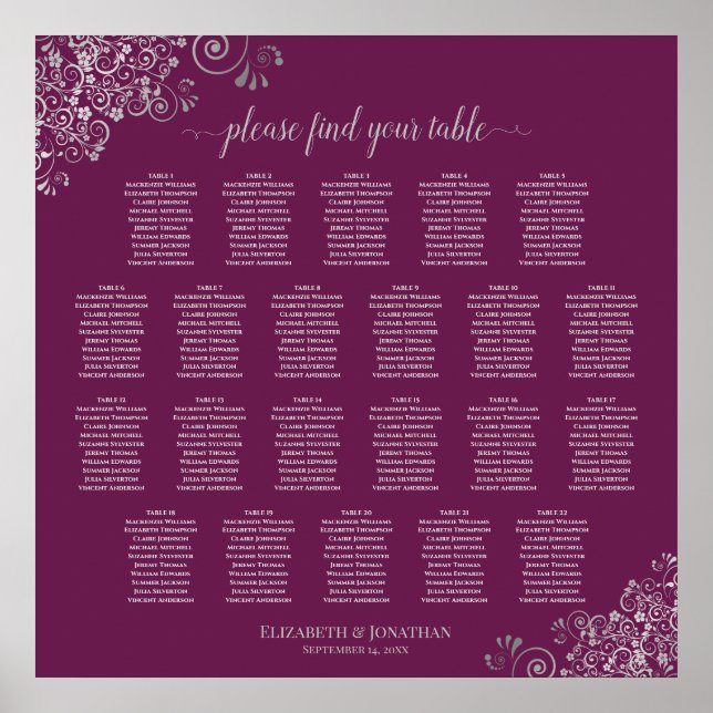22 Table Lacy Silver Cassis Wedding Seating Chart (Front)