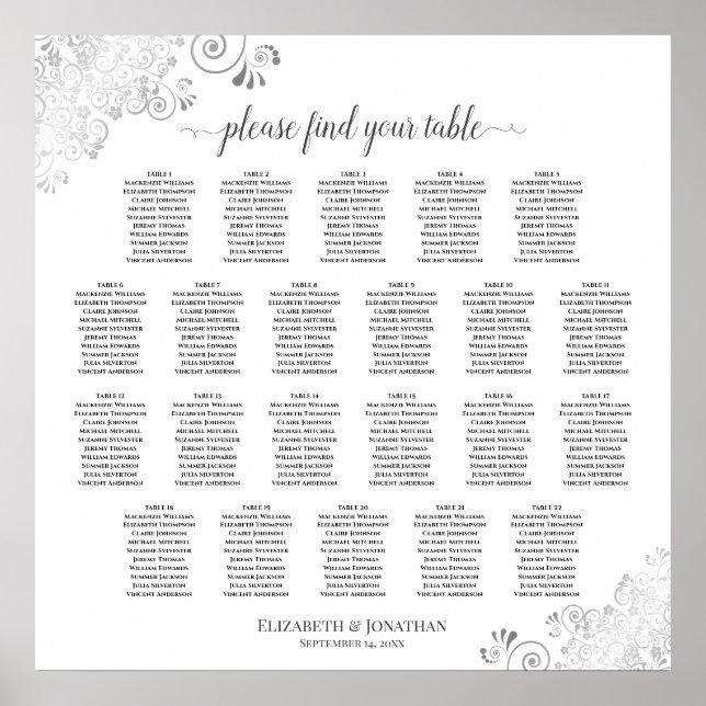 22 Table Lacy Silver White Wedding Seating Chart (Front)