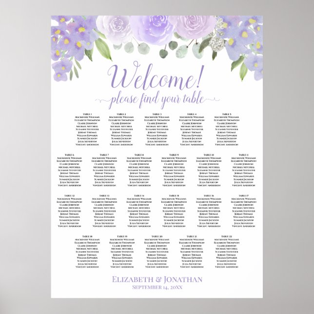 22 Table Lavender Floral Wedding Seating Chart (Front)