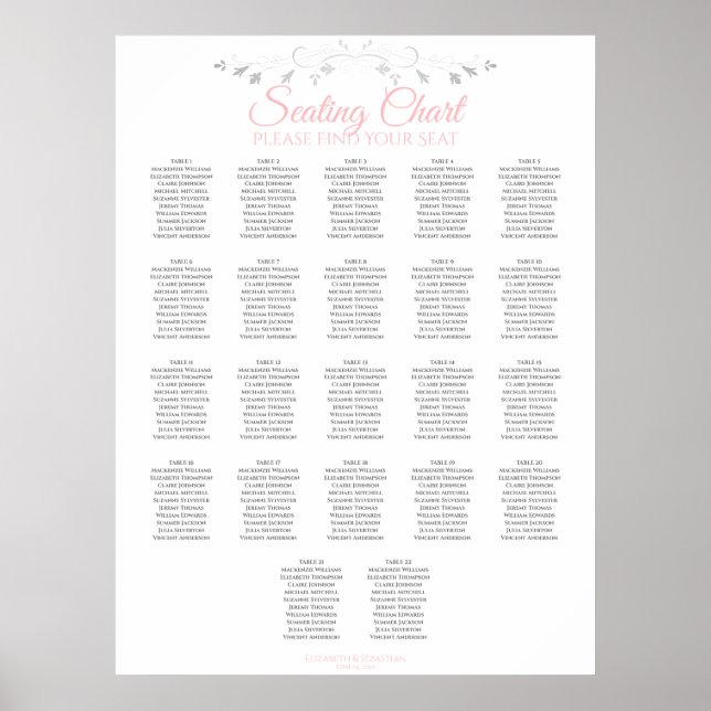 22 Table Pink & Grey Wedding Seating Chart (Front)