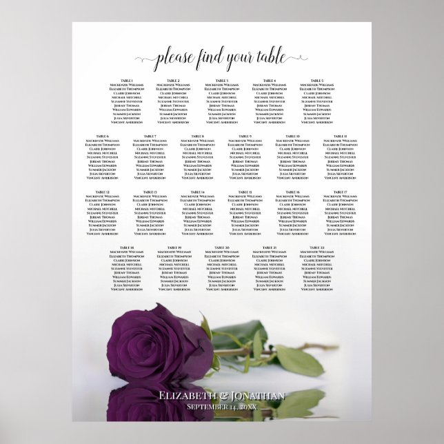 22 Table Plum Purple Rose Wedding Seating Chart (Front)