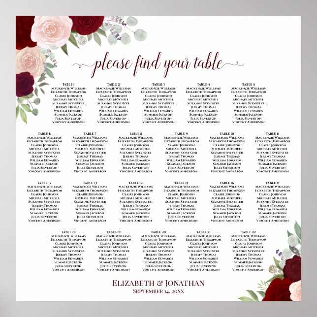 22 Table Red & Pink Floral Wedding Seating Chart (Front)