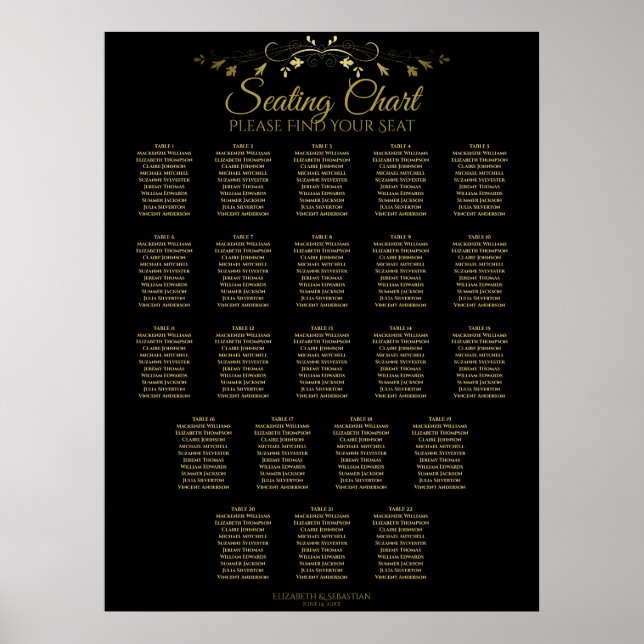 22 Table Simple Gold Black Wedding Seating Chart (Front)