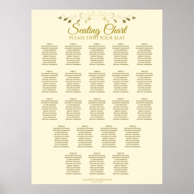 22 Table Simple Gold Cream Wedding Seating Chart (Front)