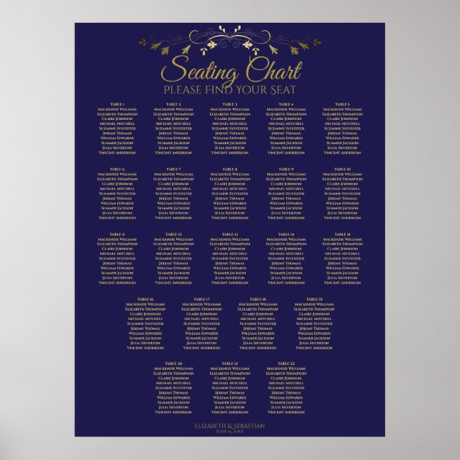 22 Table Simple Gold & Navy Wedding Seating Chart (Front)