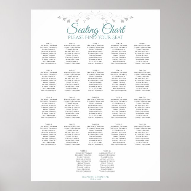 22 Table Teal & Gray Wedding Seating Chart (Front)