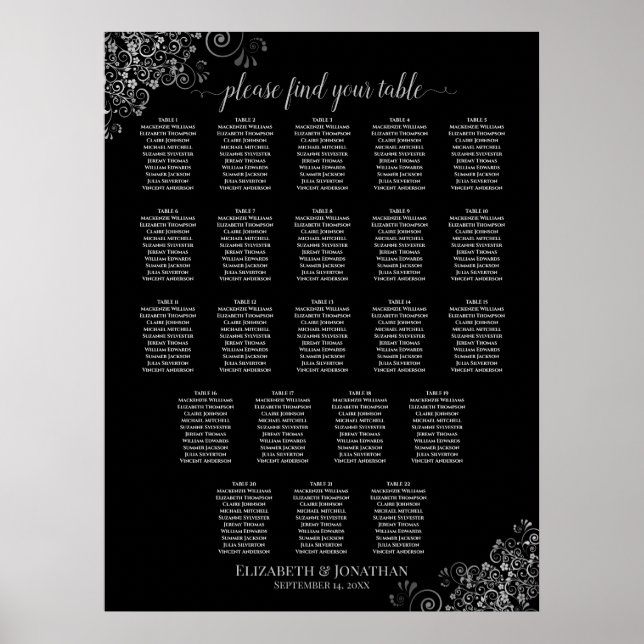 22 Table Wedding Seating Chart Black & Gray Frills (Front)