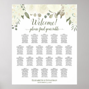 22 Table White & Ivory Roses Wedding Seating Chart