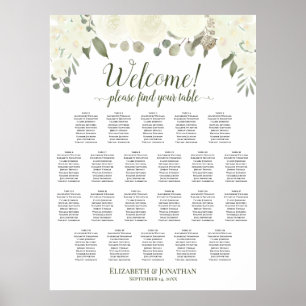 22 Table White & Ivory Roses Wedding Seating Chart