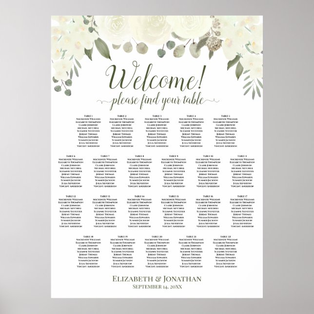 22 Table White & Ivory Roses Wedding Seating Chart (Front)