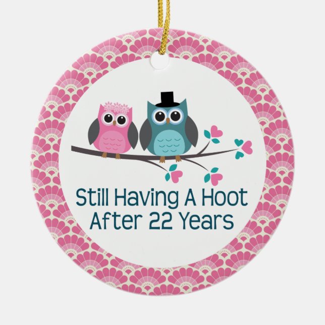 22nd Anniversary Owl Wedding Anniversaries Gift Ceramic Tree Decoration (Front)
