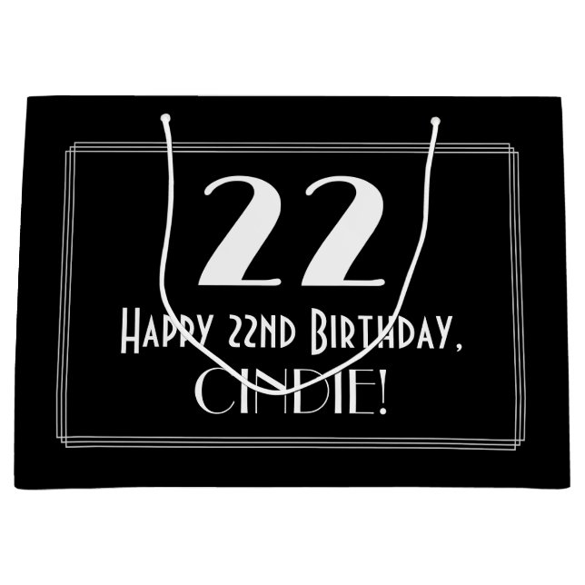 22nd Birthday: Art Deco Inspired Style "22", Name Large Gift Bag (Front)